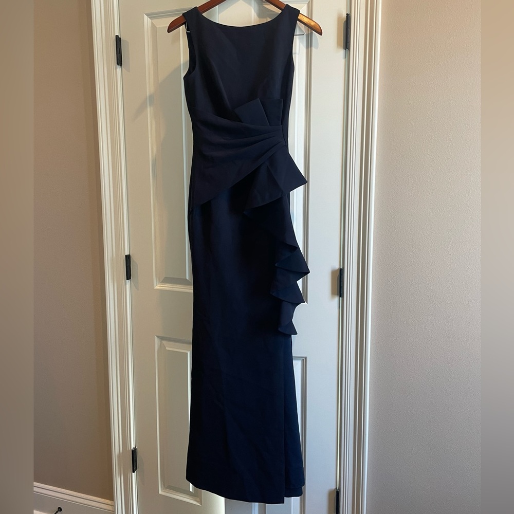 Eliza J Sleeveless Navy Dress 2 Ruffle, Ruched Front - Mother of Bride Groom